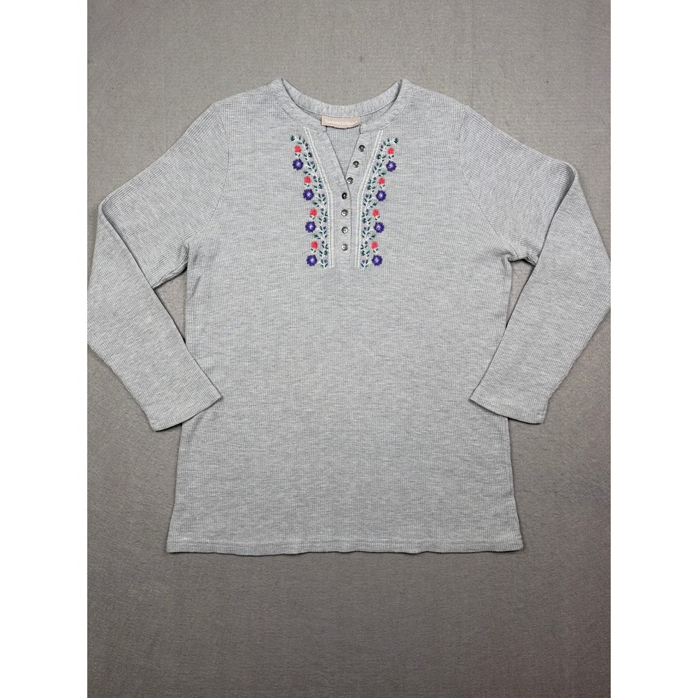 Woman Within Womens 14W/16W Grey Thermal Waffle Embroidered Floral Henley Top